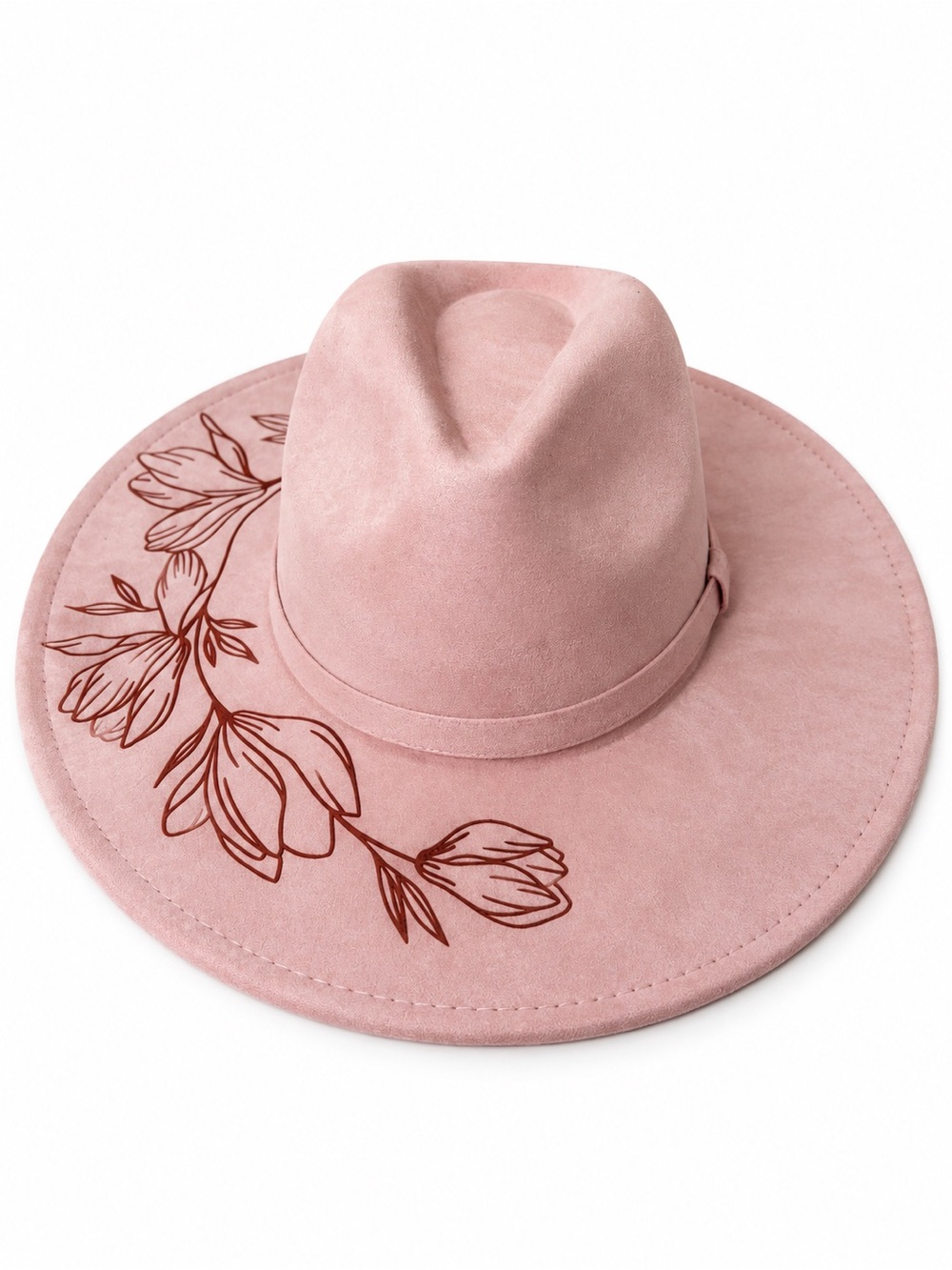 Pink Suede Floral Embroidered Hat